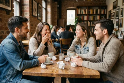 Groupe d'amis autour d'une table de café réagissant avec un rire gêné à une blague d'humour noire