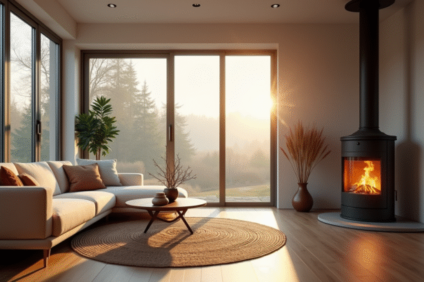 Salon moderne avec poêle à bois et grande fenetre
