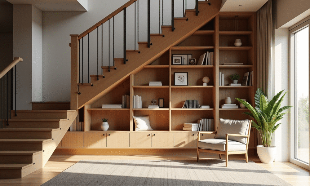 Salon moderne avec coin lecture sous l'escalier en bois