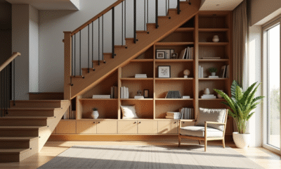 Salon moderne avec coin lecture sous l'escalier en bois