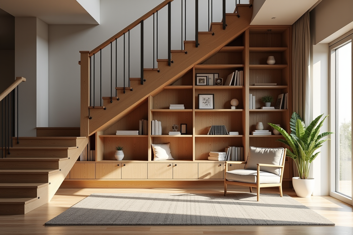 Salon moderne avec coin lecture sous l'escalier en bois