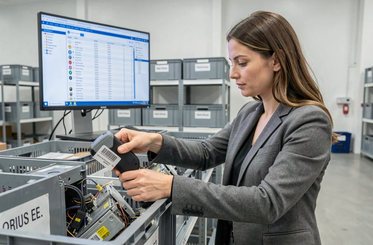 Administratrice de Sas D3Epaca scannant des déchets électroniques pour assurer leur traçabilité dans une installation professionnelle