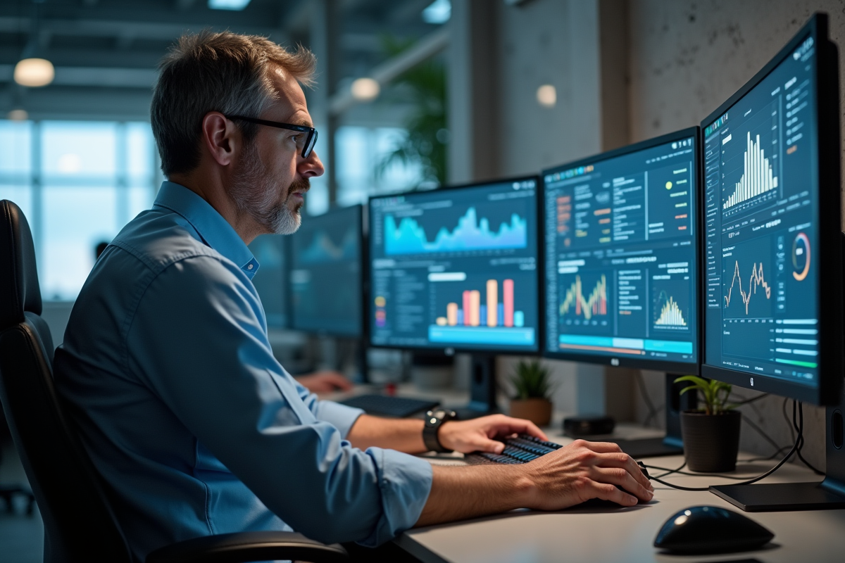 Homme informatique travaillant sur un poste multiécran