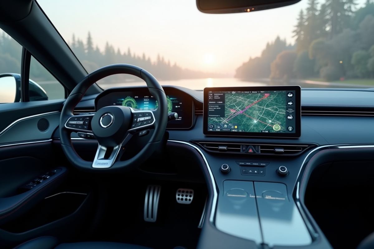 Tableau de bord de voiture futuriste avec écrans numériques