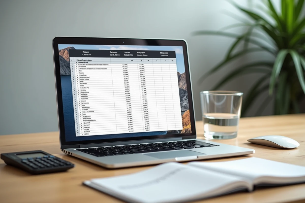 Tableur sur ordinateur portable affichant un tableau de conversion de degrés en pourcentage sur un bureau minimaliste