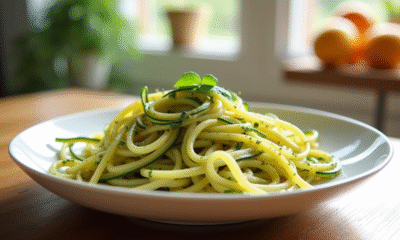 Courgette en tagliatelle dans un bol blanc avec huile et herbes