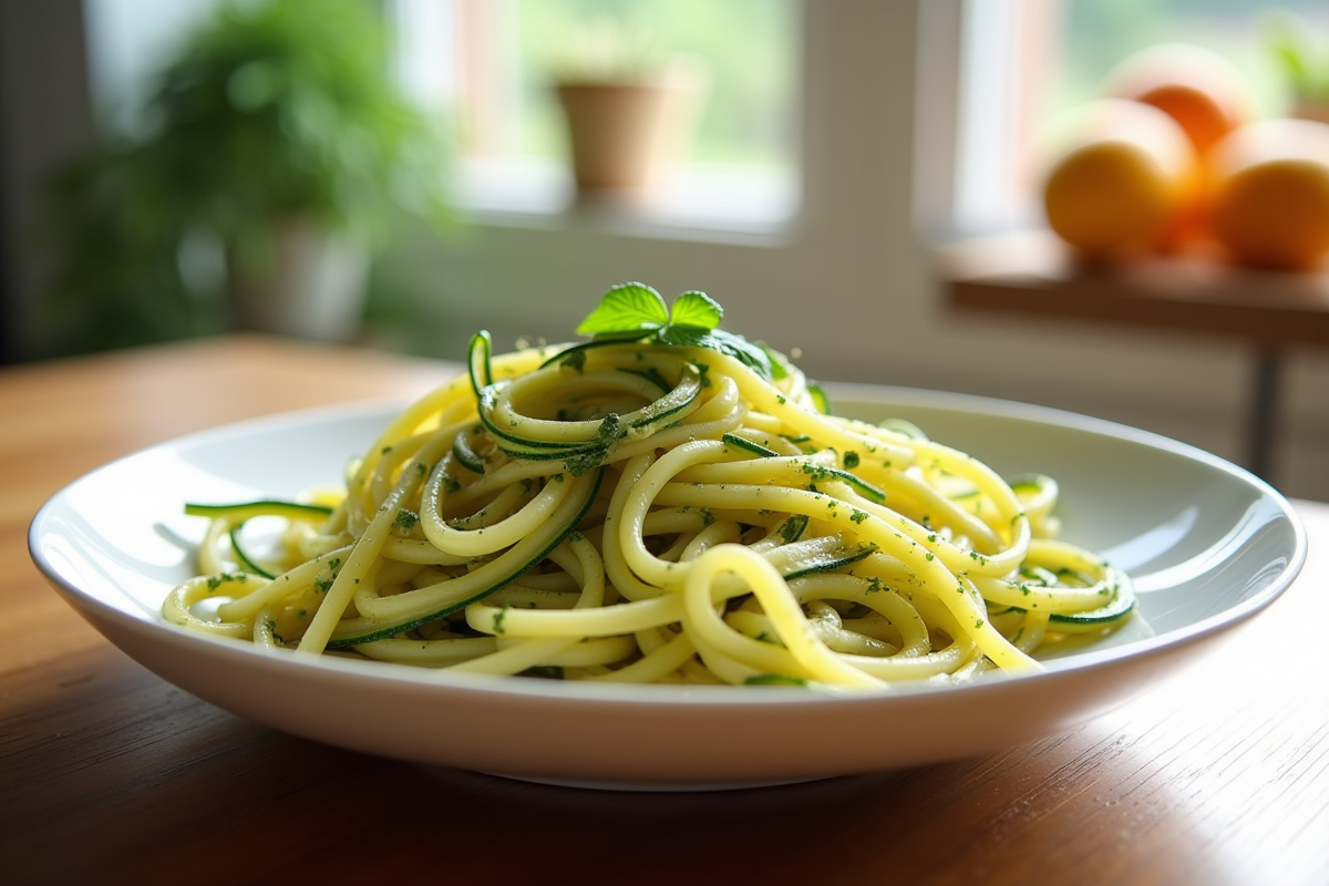 Courgette en tagliatelle dans un bol blanc avec huile et herbes