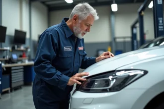 Technicien carrossier en uniforme inspectant la carrosserie d'une voiture blanche dans un atelier de réseau professionnel