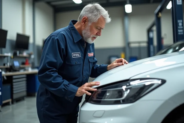 Technicien carrossier en uniforme inspectant la carrosserie d'une voiture blanche dans un atelier de réseau professionnel