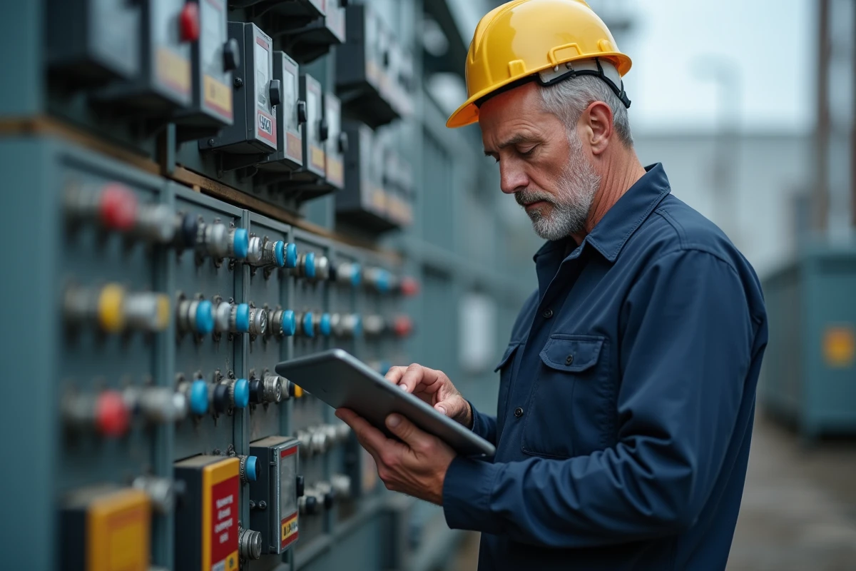 Technicien en extérieur inspectant une machine industrielle