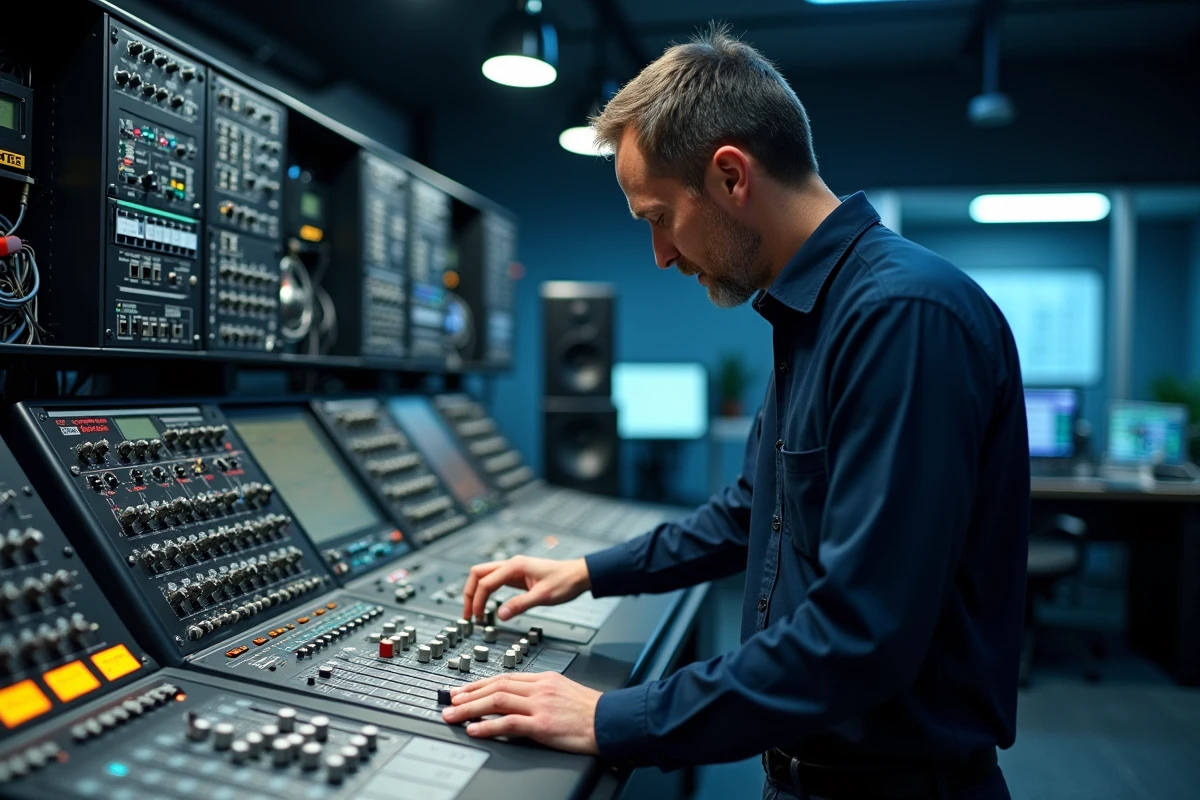 Technicien radio ajustant une fréquence FM sur une console de diffusion professionnelle en studio