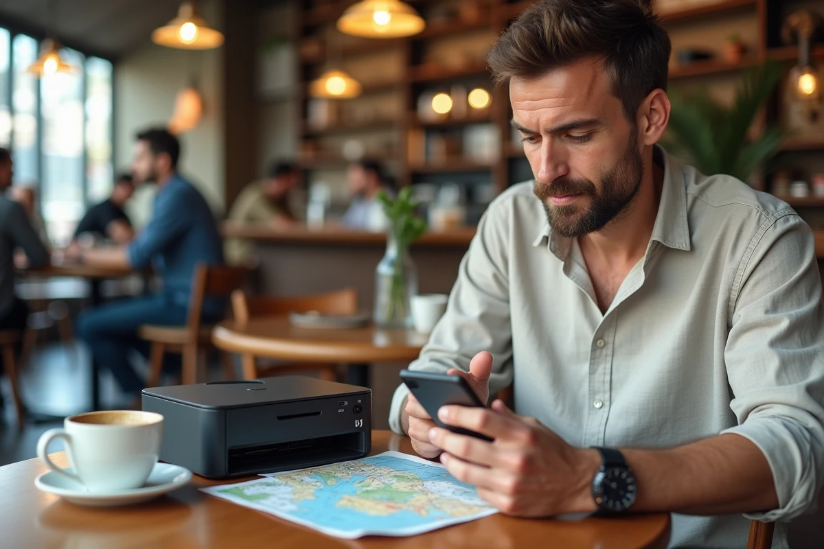 Homme testant une imprimante portable couleur dans un café urbain avec impression sans fil depuis un smartphone