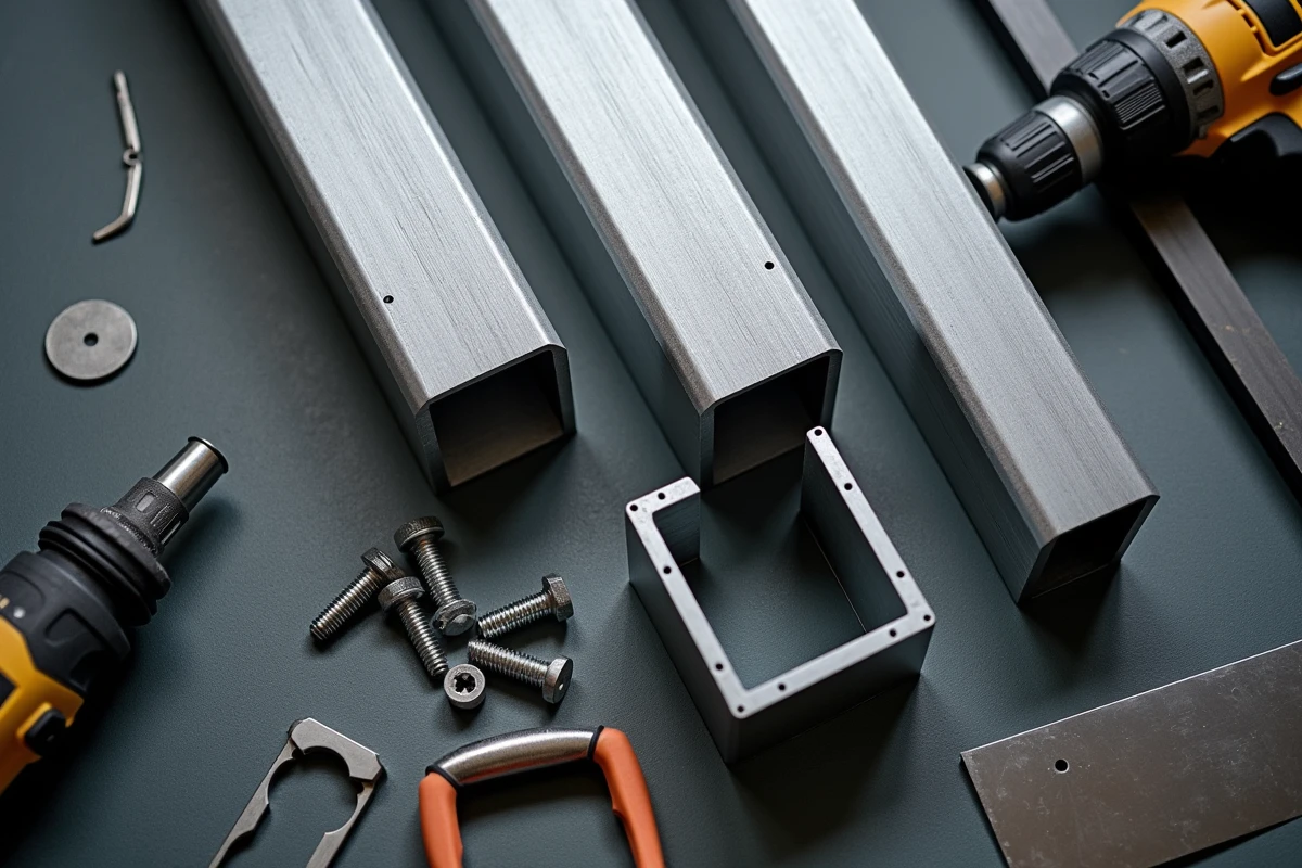 Tubes carrés en aluminium et outils de bricolage disposés en flat lay sur un sol d'atelier
