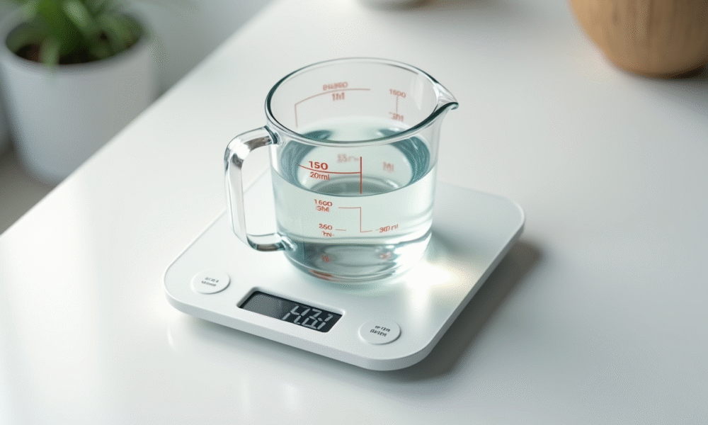 Verre à mesurer rempli de 200 ml d'eau sur plan de cuisine blanc