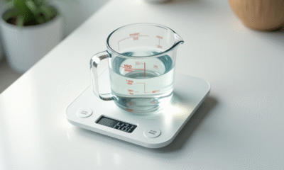 Verre à mesurer rempli de 200 ml d'eau sur plan de cuisine blanc