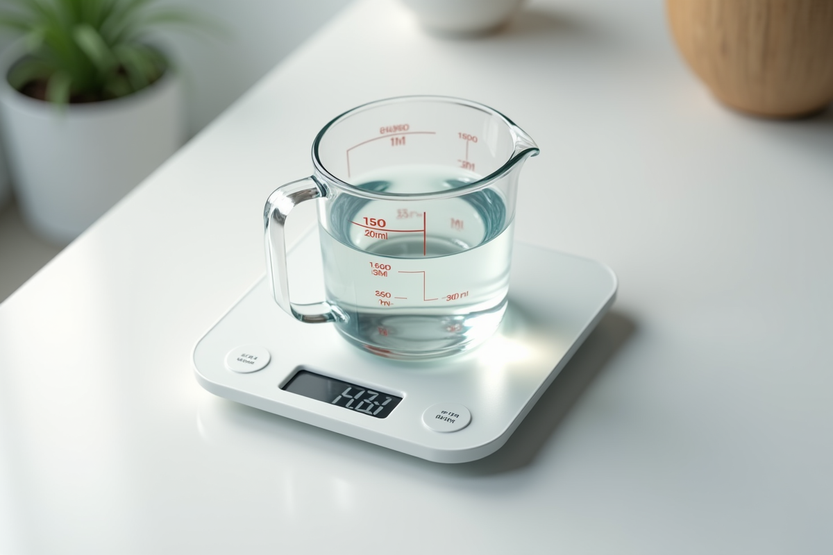 Verre à mesurer rempli de 200 ml d'eau sur plan de cuisine blanc