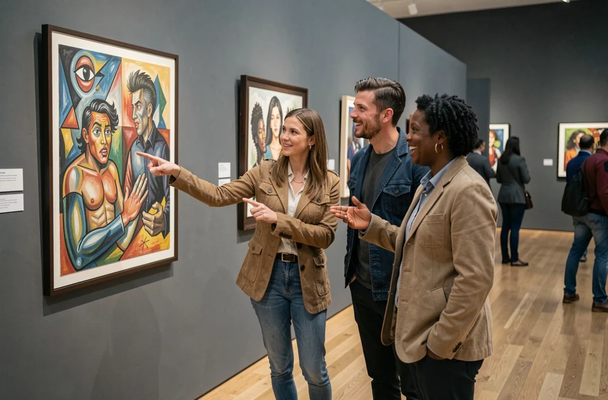 Groupe de visiteurs débattant de la provocation artistique devant une œuvre surréaliste en galerie
