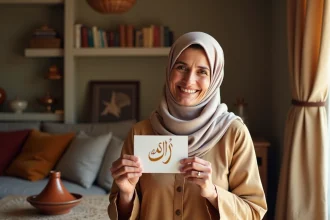 Femme portant un hijab pastel souriant en tenant une carte de vœux du Ramadan écrite à la main dans un salon chaleureux
