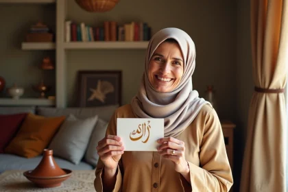Femme portant un hijab pastel souriant en tenant une carte de vœux du Ramadan écrite à la main dans un salon chaleureux