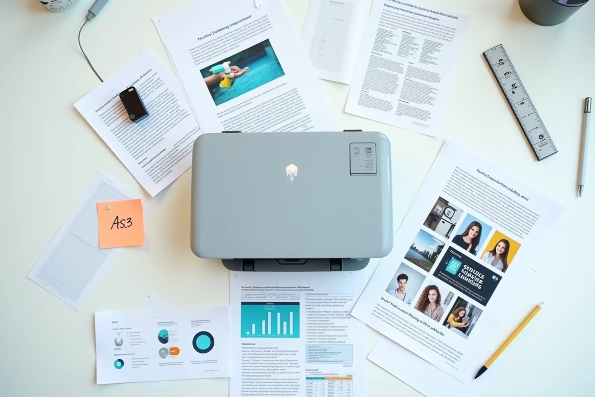 Vue aérienne d'une imprimante portable couleur entourée d'impressions test pour évaluer l'autonomie et la capacité d'impression réelle