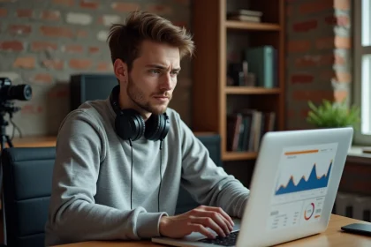 Jeune YouTubeur assis à son bureau analysant les statistiques de sa chaîne YouTube avec une expression préoccupée