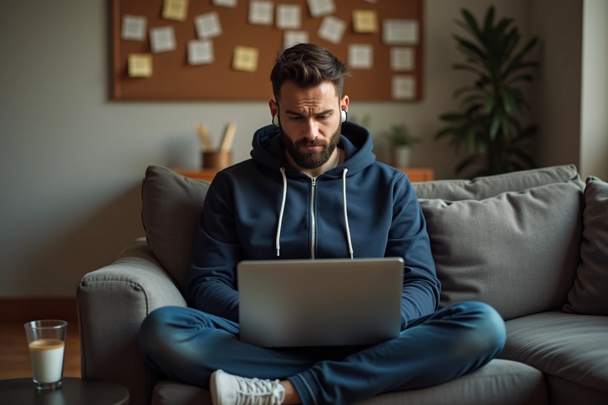 Homme débordé gérant les commentaires YouTube sur son canapé, représentant les erreurs de gestion communautaire d'un créateur comme GMK